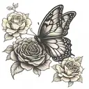 Create a tattoo of a butterfly resting on a bed of roses with a serene expression to represent finding peace and tranquility in mental health awareness tattoo design idea