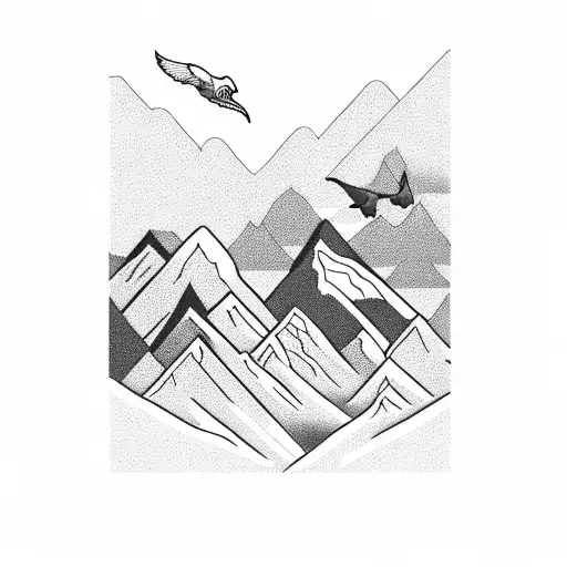A majestic mountain range with a soaring bird flying overhead tattoo design idea