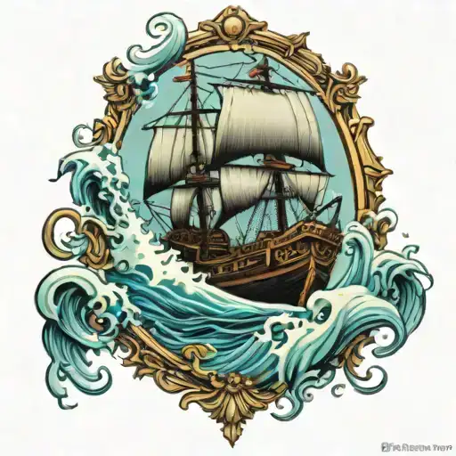 Pirate ship in victorian mirror with sea spilling over the edge tattoo design idea