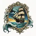 Pirate ship in victorian mirror with sea spilling over the edge tattoo design idea