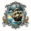 Pirate ship in victorian mirror with sea spilling over the edge tattoo design idea