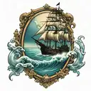 Pirate ship in victorian mirror with sea spilling over the edge tattoo design idea