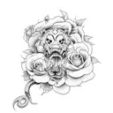 Foo dog with roses and a snake tattoo design idea