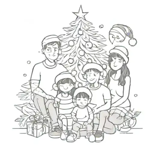 a family posing in front of a christmas tree tattoo design idea