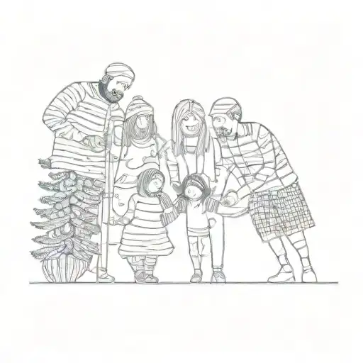 a family posing in front of a christmas tree tattoo design idea