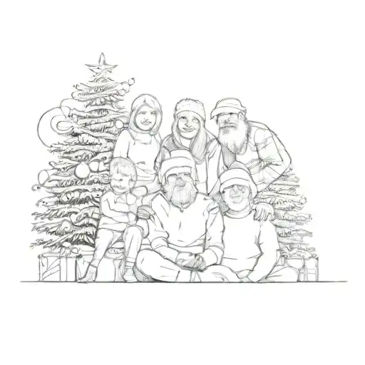 a family posing in front of a christmas tree tattoo design idea
