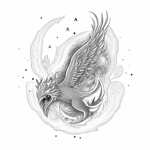 A dotwork phoenix surrounded by shattered mirrors, symbolizing resilience and growth through self-reflection tattoo design idea