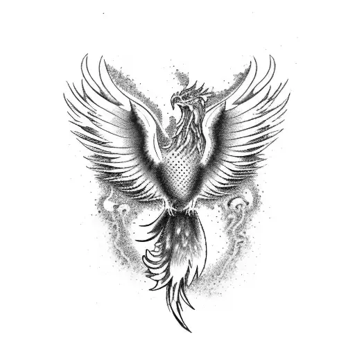 A dotwork phoenix surrounded by shattered mirrors, symbolizing resilience and growth through self-reflection tattoo design idea