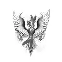 A dotwork phoenix surrounded by shattered mirrors, symbolizing resilience and growth through self-reflection tattoo design idea