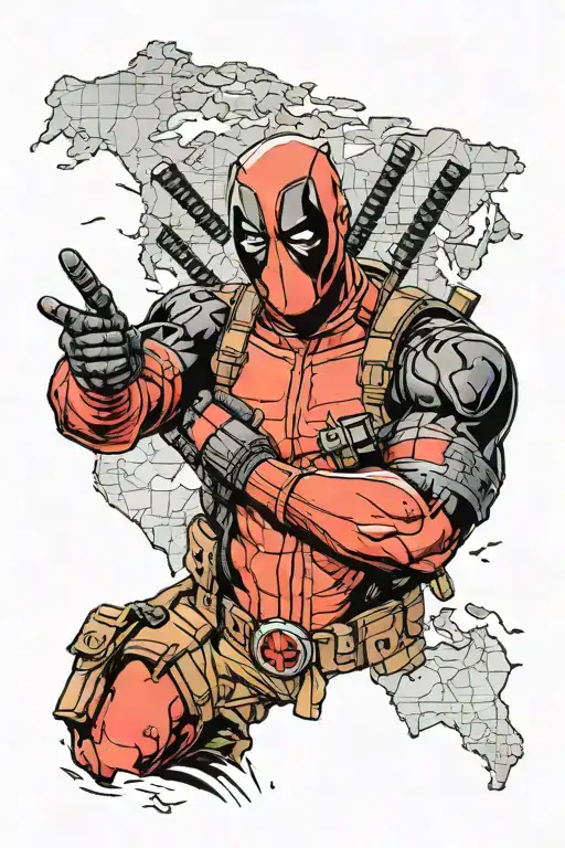 A realistic portrait of Deadpool as a trucker, with UFC gloves and a world map tattooed on his arms tattoo design idea