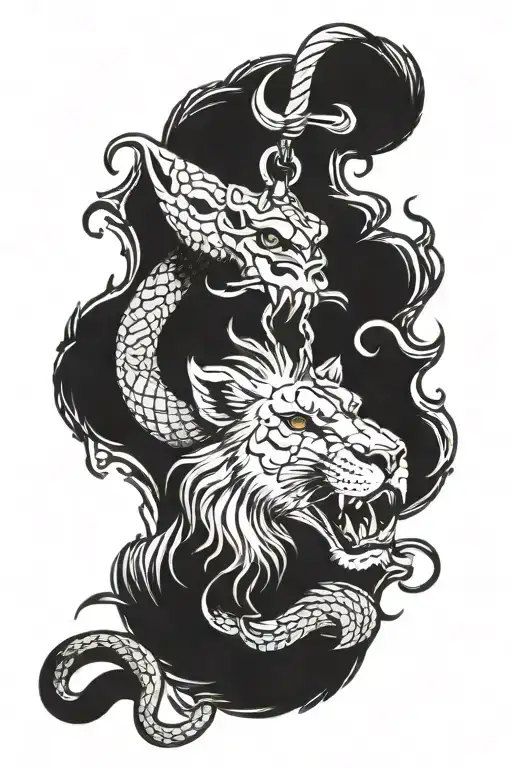 lion eating a snake hanging dead blood tattoo design idea