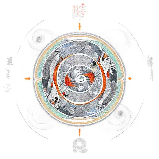 Koi Fish swim in a circle symbolizing yin yang, colors red orange and white with black outlines tattoo design idea