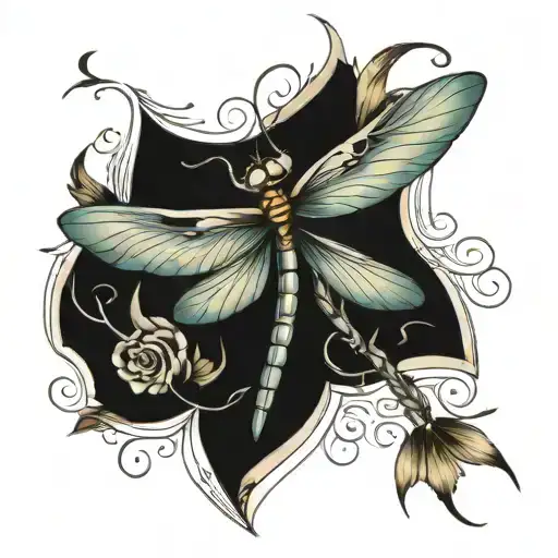 dragonfly, butterfly, feather, music note, ray of light tattoo design idea