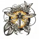 dragonfly, butterfly, feather, music note, sun rays beaming tattoo design idea