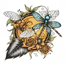 dragonfly, butterfly, feather, music note, sun rays beaming tattoo design idea