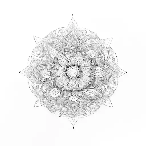 A symmetrical design of a mandolin surrounded by intricate flower mandalas tattoo design idea