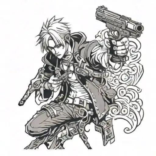 character from the game Devil My Cry 4 with two pistols that are pointed at the camera, front view, noetribal tattoo design idea