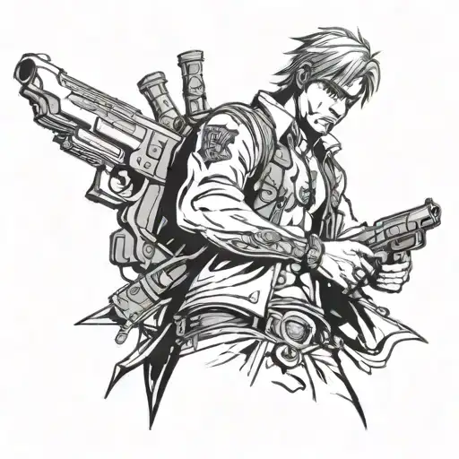 character from the game Devil My Cry 4 with two pistols, front view, in waist-length position, noetribal tattoo design idea