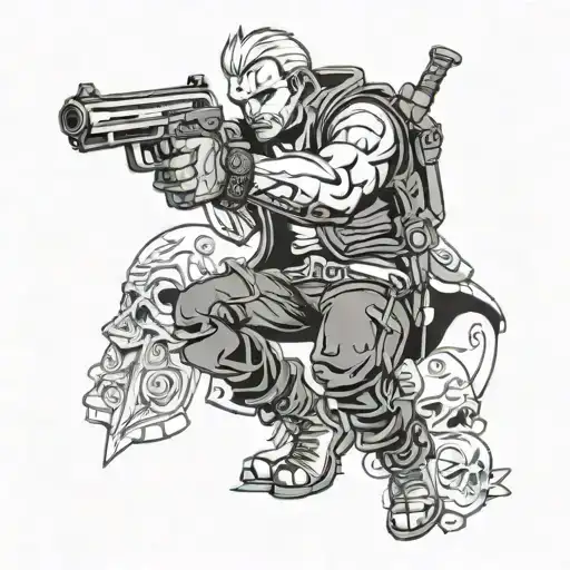 character from the game Devil My Cry 4 with two pistols that are pointed at the camera, front view, noetribal tattoo design idea