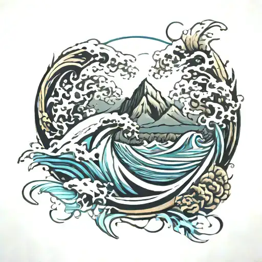 ocean waves, mountains rising Phoenix tattoo design idea