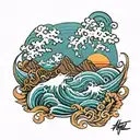 ocean waves, mountains rising Phoenix tattoo design idea