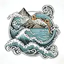 ocean waves, mountains rising Phoenix tattoo design idea
