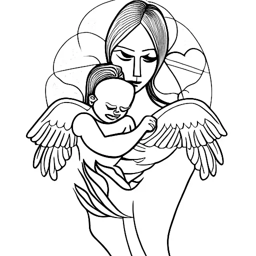 single line work of mother holding baby with wings that says next to the line "always in my heart" tattoo design idea