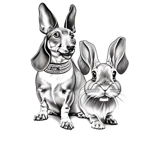 full body dachshund and holland lop rabbit sitting next to eachother  tattoo design idea
