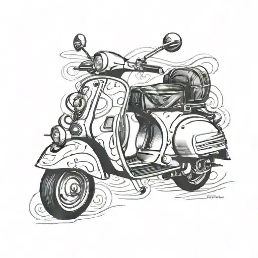 A blackwork tattoo of a vespa scooter with musical notes flowing out of the exhaust pipe tattoo design idea