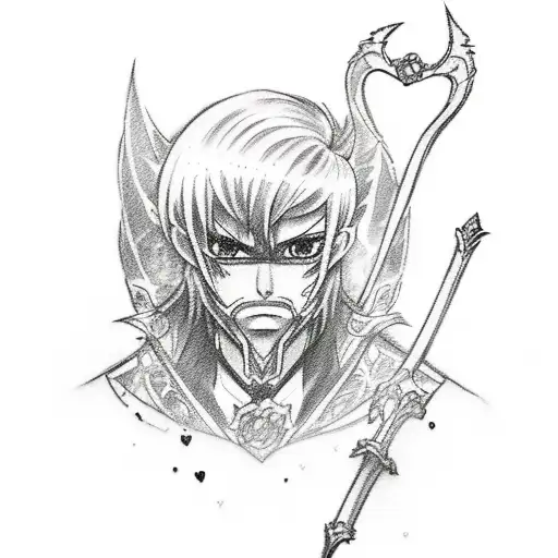 Sketch-style tattoo of Yuta Okkotsu holding a heart-shaped sword tattoo design idea