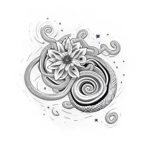 A tattoo of a snake coiled around a blooming flower with a starry night sky as the backdrop tattoo design idea