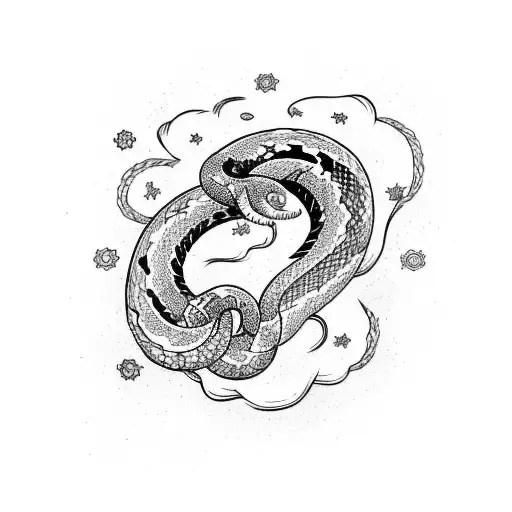 A tattoo of a snake coiled around a blooming flower with a starry night sky as the backdrop tattoo design idea