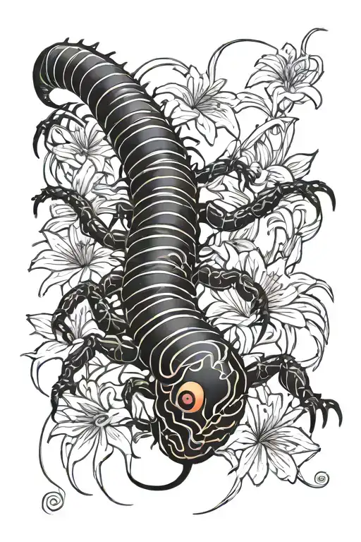 black and white centipede with Japanese red spider lilies  tattoo design idea