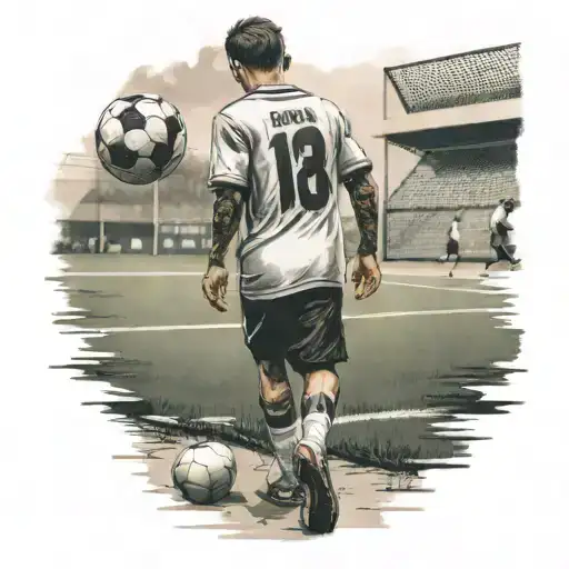boy walking to a soccer field realistic super tattoo design facing away. blank shirt tattoo design idea