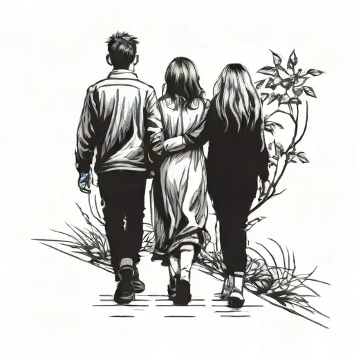 brother walking with her sisters holding hands tattoo design idea