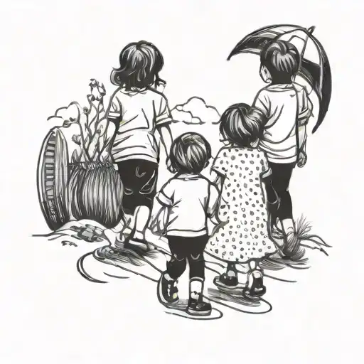 big brother walking with her two little sisters holding hands tattoo design idea