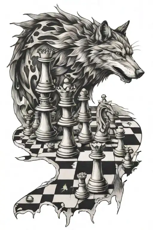A chess board being overlooked by a Lone wolf tattoo design idea