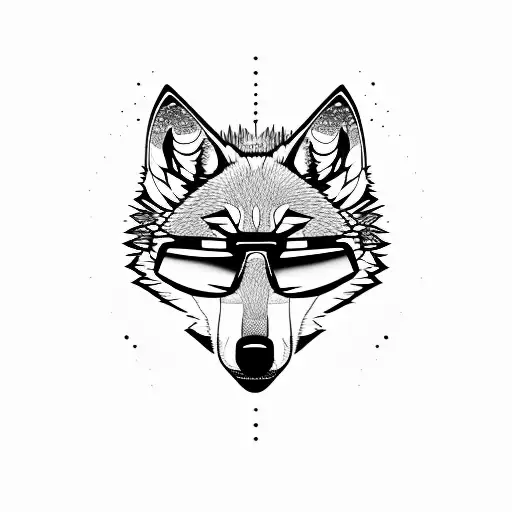 cool wolf in sunglasses, on the background of glitches, cartoon design tattoo design idea