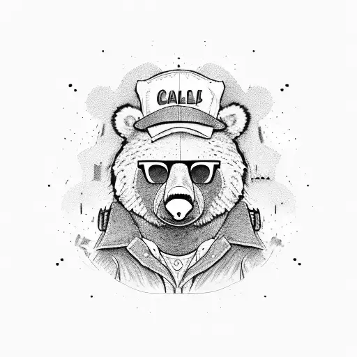 cool bear in sunglasses, on the background of glitches, cartoon design tattoo design idea