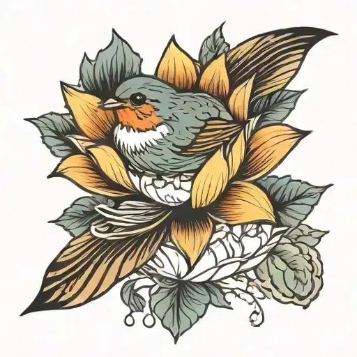 robin flying out of lotus flower blooming tattoo design idea