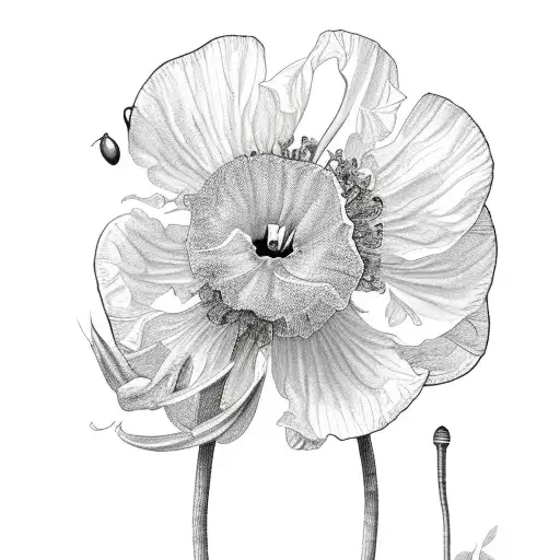 honeysuckle, poppy, narcissus, carnation, sweet pea on a vine with leaves tattoo design idea