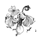 honeysuckle, poppy, narcissus, carnation, sweet pea on a vine with leaves tattoo design idea