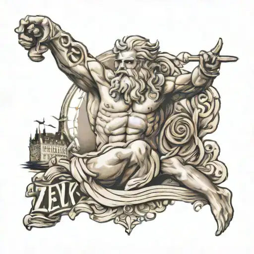 arm completely tattooed with zeus, monuments of brussels, the pyrenees from the view of the city of frama tattoo design idea