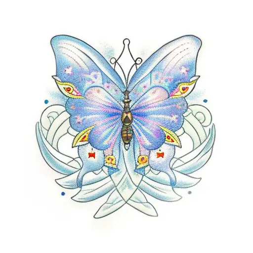 A traditional style tattoo of a butterfly landing on a flower, with your children's names incorporated into the design tattoo design idea