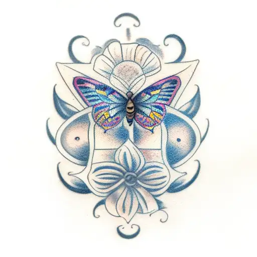 A traditional tattoo design featuring a butterfly perched on a flower with your children's birthdates hidden within the petals tattoo design idea