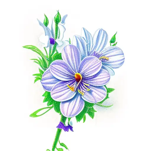 violets, rose, water lilys, aster, cosmo, chrysanthemum and narcissus flowers with a violin as the stem of a flower tattoo design idea