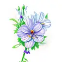 violets, rose, water lilys, aster, cosmo, chrysanthemum and narcissus flowers with a violin as the stem of a flower tattoo design idea
