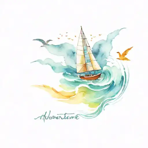 sailboat named adventure with waves and birds flying tattoo design idea