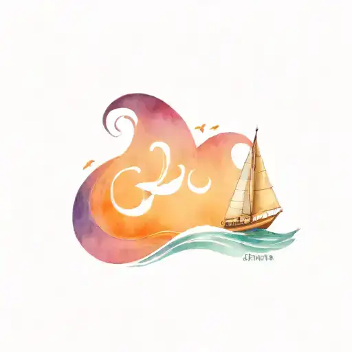 sailboat named adventure, with waves, and birds flying  tattoo design idea