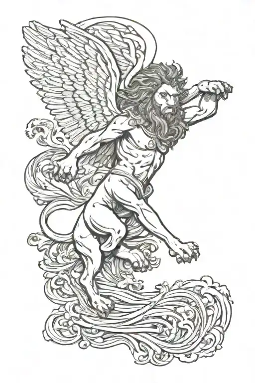 lion of Judah and Icarus falling angel with words "ichgo ichie" tattoo design idea